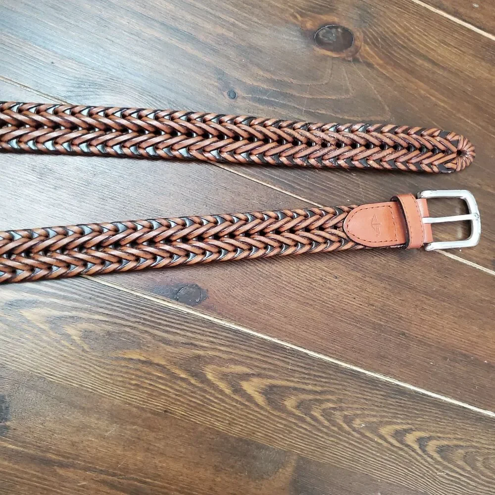 Men's Braided Belt 40 Brown All Leather Woven Braided Brass Buckle Dress Work